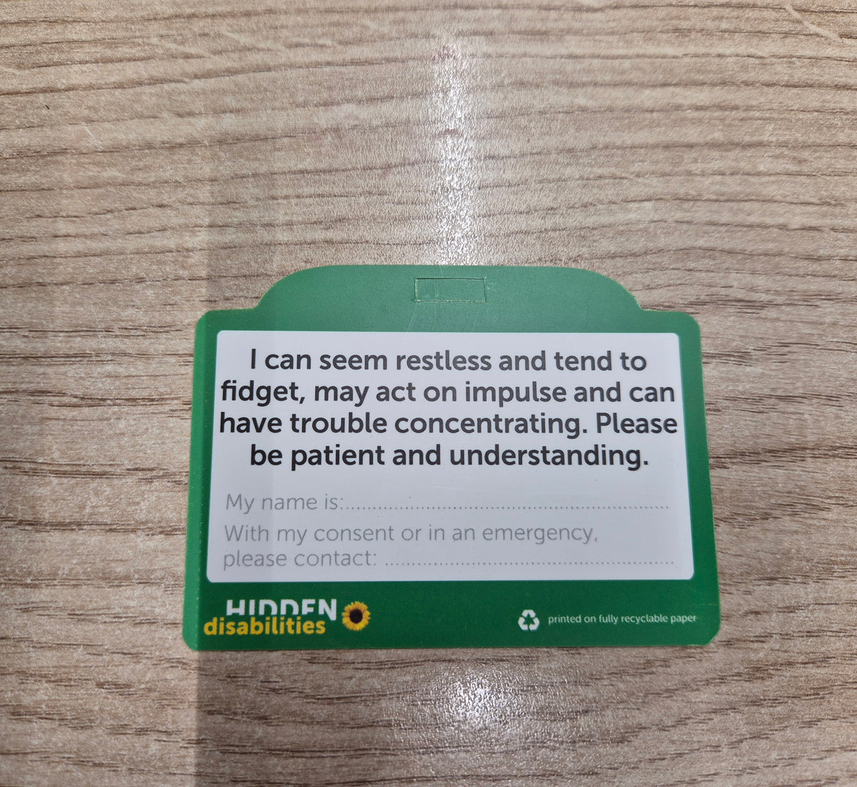 'I have ADHD' ID Card for Sunflower Lanyard – Special Stars Foundation